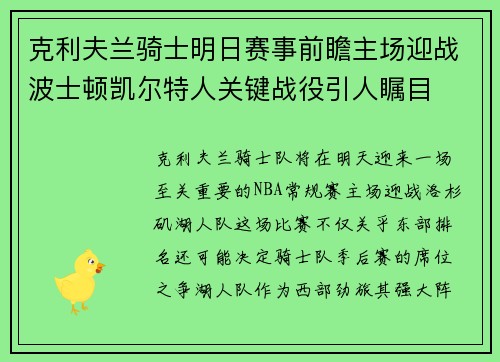 克利夫兰骑士明日赛事前瞻主场迎战波士顿凯尔特人关键战役引人瞩目